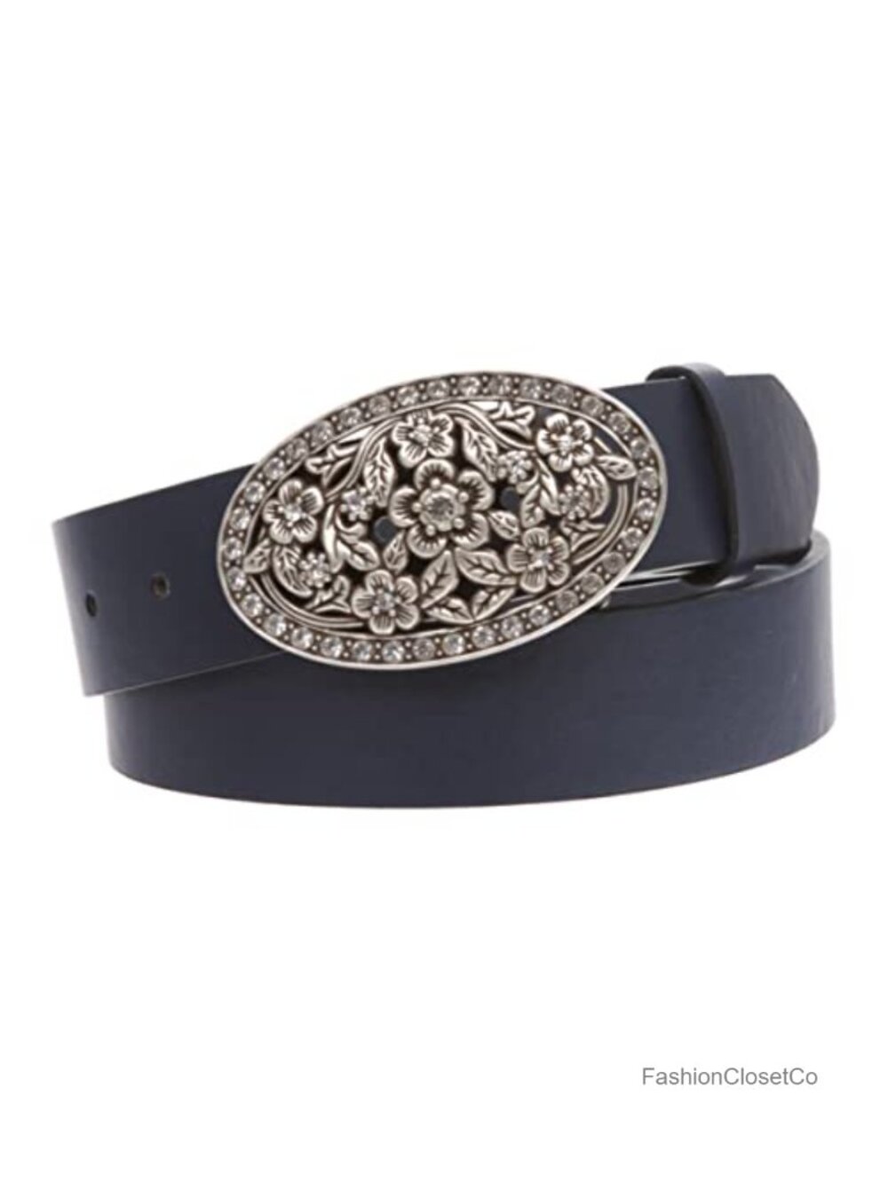 Women's Snap On Belt Oval Perforated Engraved Crystal Rhinestone Western Floral